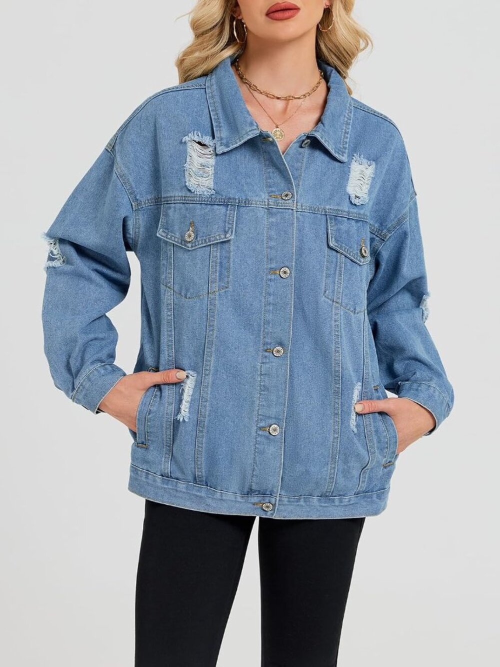 〽️Women's Blue Light Wash Oversized Distressed Denim Boyfriend Fit Jean Jacket - Picture 6 of 6